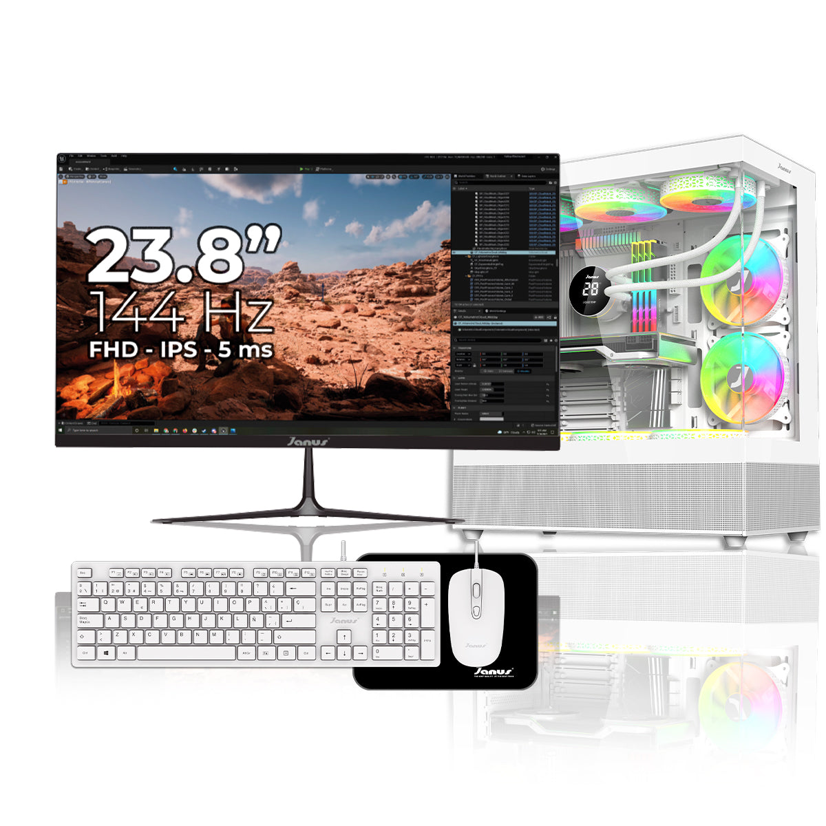Computador Gamer Janus AMD RYZEN 7 5700G MEMORIA RAM 16GB SSD 1TB M.2   Board A520M   Refrigeracion Liquida 360MM BLANCA FUENTE Janus 650W 80 PLUS BRONZE
