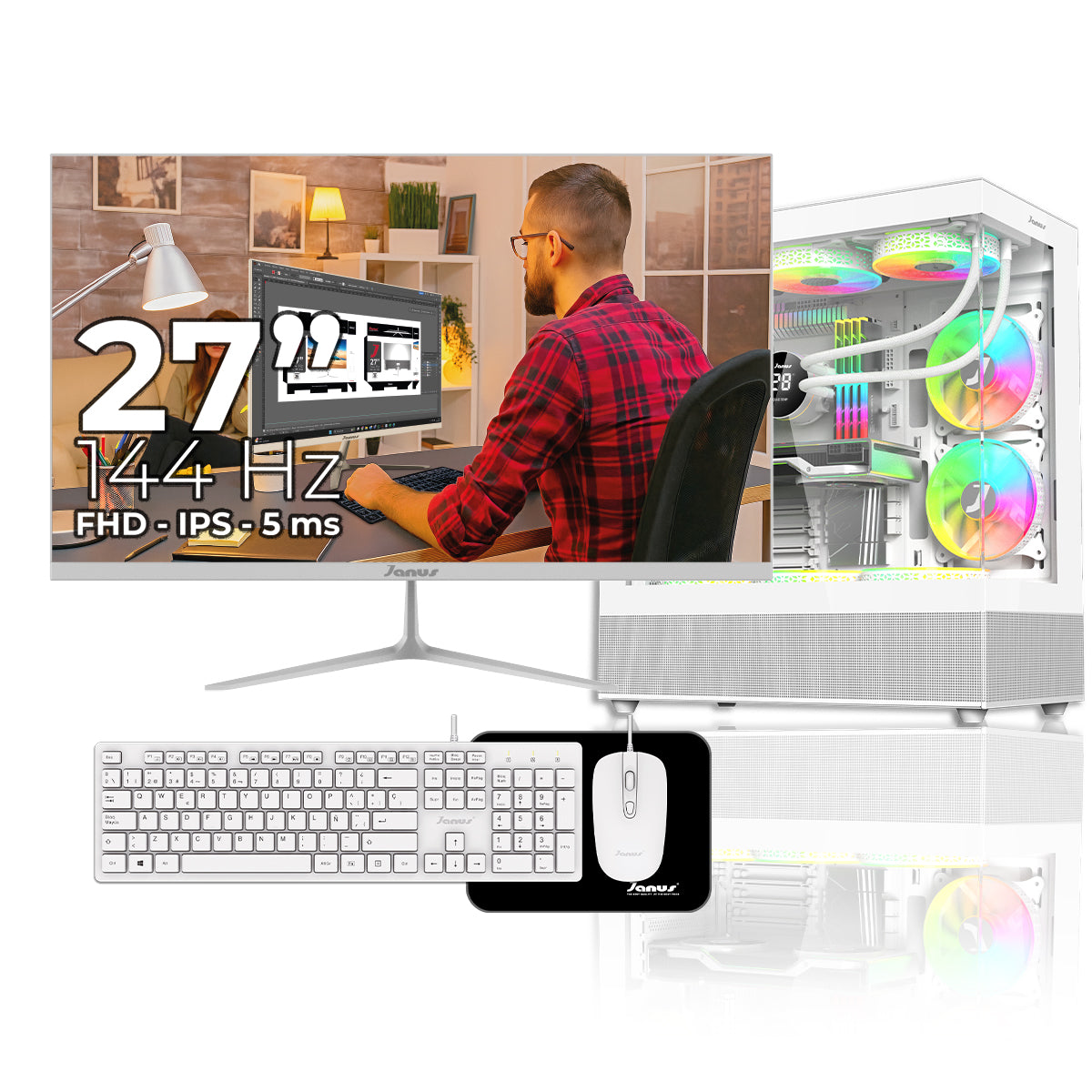 Computador Gamer Janus AMD RYZEN 7 5700G MEMORIA RAM 16GB SSD 1TB M.2   Board A520M   Refrigeracion Liquida 360MM BLANCA FUENTE Janus 650W 80 PLUS BRONZE