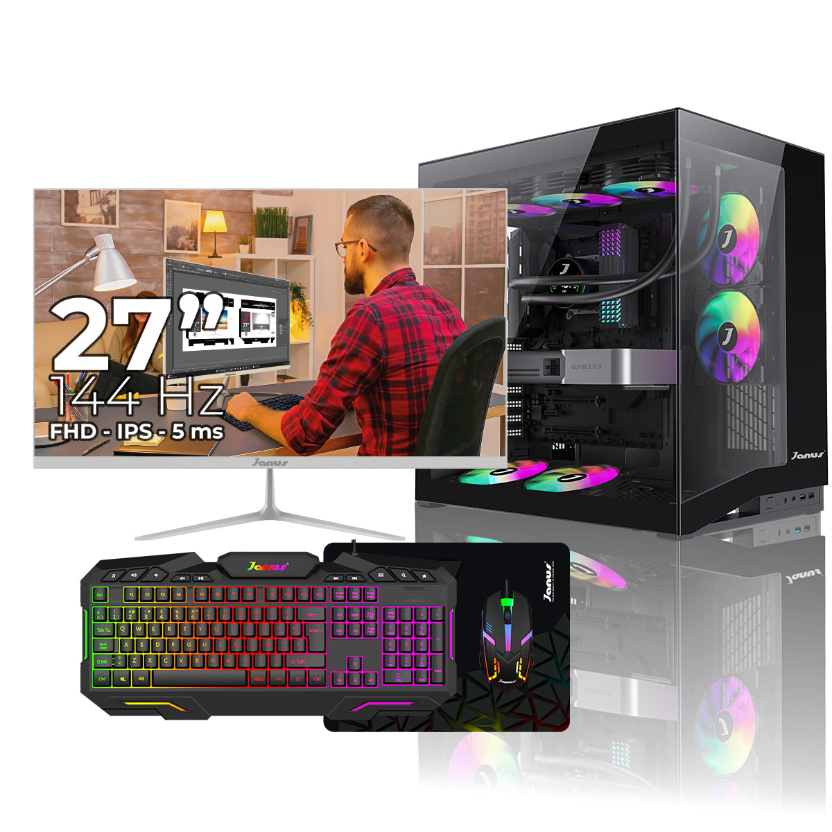 Computador de Escritorio Janus AMD RYZEN 7 5700X Memoria RAM 16GB RGB SSD 512GB M.2  RTX 3050 Board B550 PHANTOM GAMING 4/AC   Refrigeracion Liquida 360MM NEGRA Fuente Janus 850W + 80 GOLD