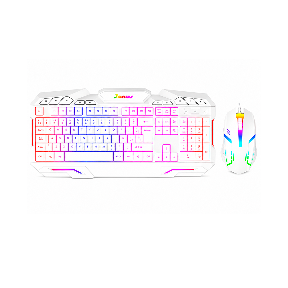 COMBO TECLADO MEMBRANA + MOUSE JANUS  GAMER XTREME PRIME BLANCO ILUMINADO EN COLORES