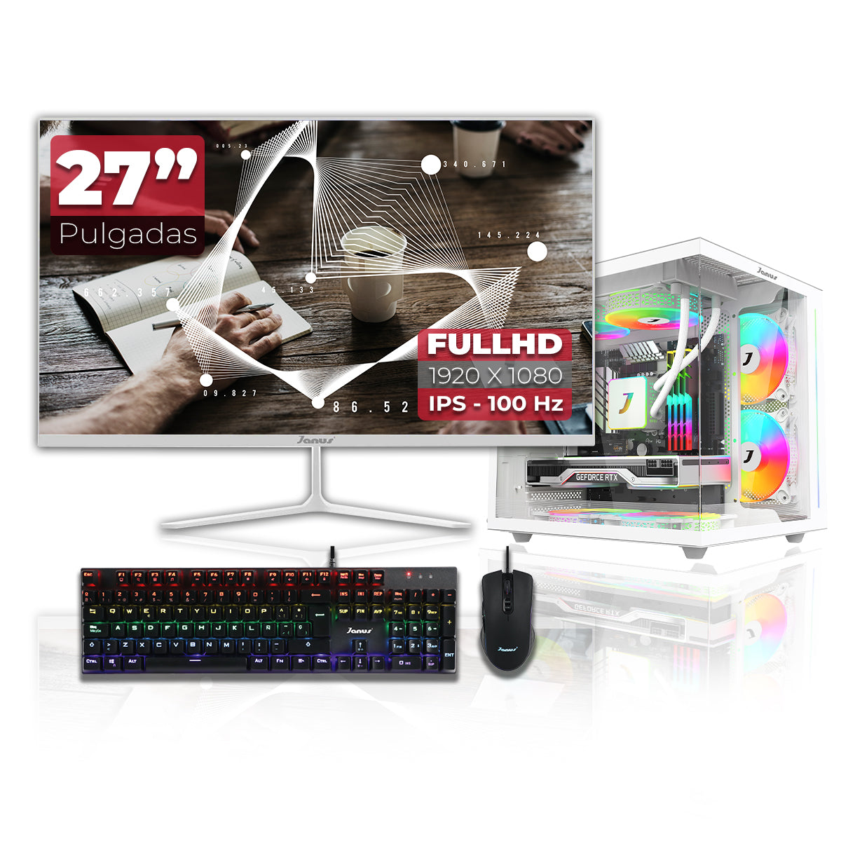 Computador Gamer Janus AMD RYZEN 7 8700G MEMORIA RAM 16GB RGB DDR5 SSD 1TB M.2   Board A620M-HDV-M2   Refrigeracion Liquida 240MM BLANCA FUENTE Janus 650W 80 PLUS BRONZE