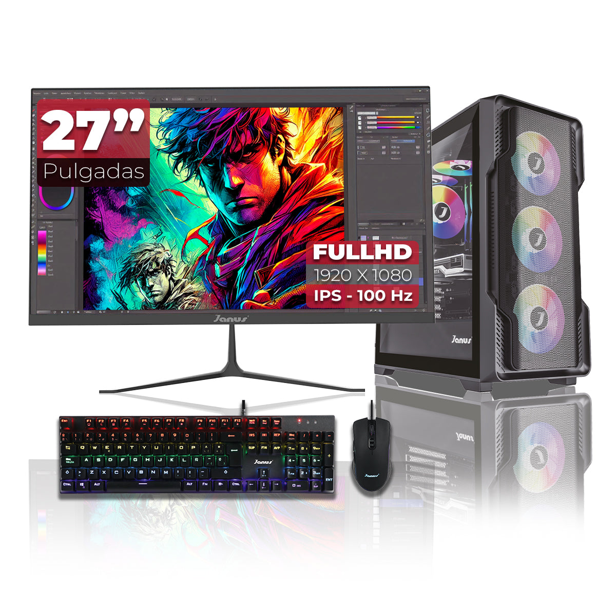 Computador Gamer Janus AMD RYZEN 7 5700G MEMORIA RAM 16GB RGB SSD 512GB M.2  RX 7700 XT Board A520M-AC WIFI   Refrigeracion Liquida 360MM NEGRA FUENTE Janus 650W 80 PLUS BRONZE